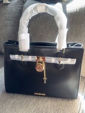 NEW Michael Kors Hamilton Black Leather Gold Lock Tote Bag